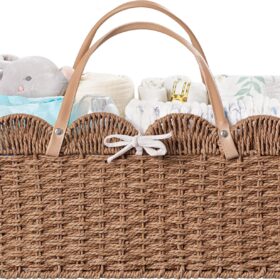 HBlife Large Diaper Caddy Organizer - Portable Nursery Storage Basket with Removable Divider & Leather Handle - Neutral Baby Shower Registry Gift & Car Travel Tote