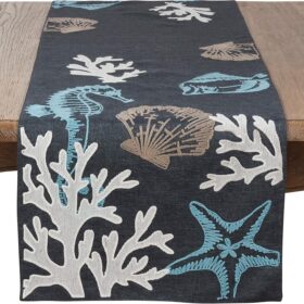 SARO LIFESTYLE Nautical Sea Life Table Runner - 16" x 54" Navy Blue Coastal Decor for Dining & Kitchen