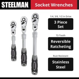 Steelman Pro 72-Tooth Flex-Head Ratchet Set - 3-Piece Chrome Vanadium Socket Ratchet Kit with Extendable Handles (1/4, 3/8, 1/2 Inch)