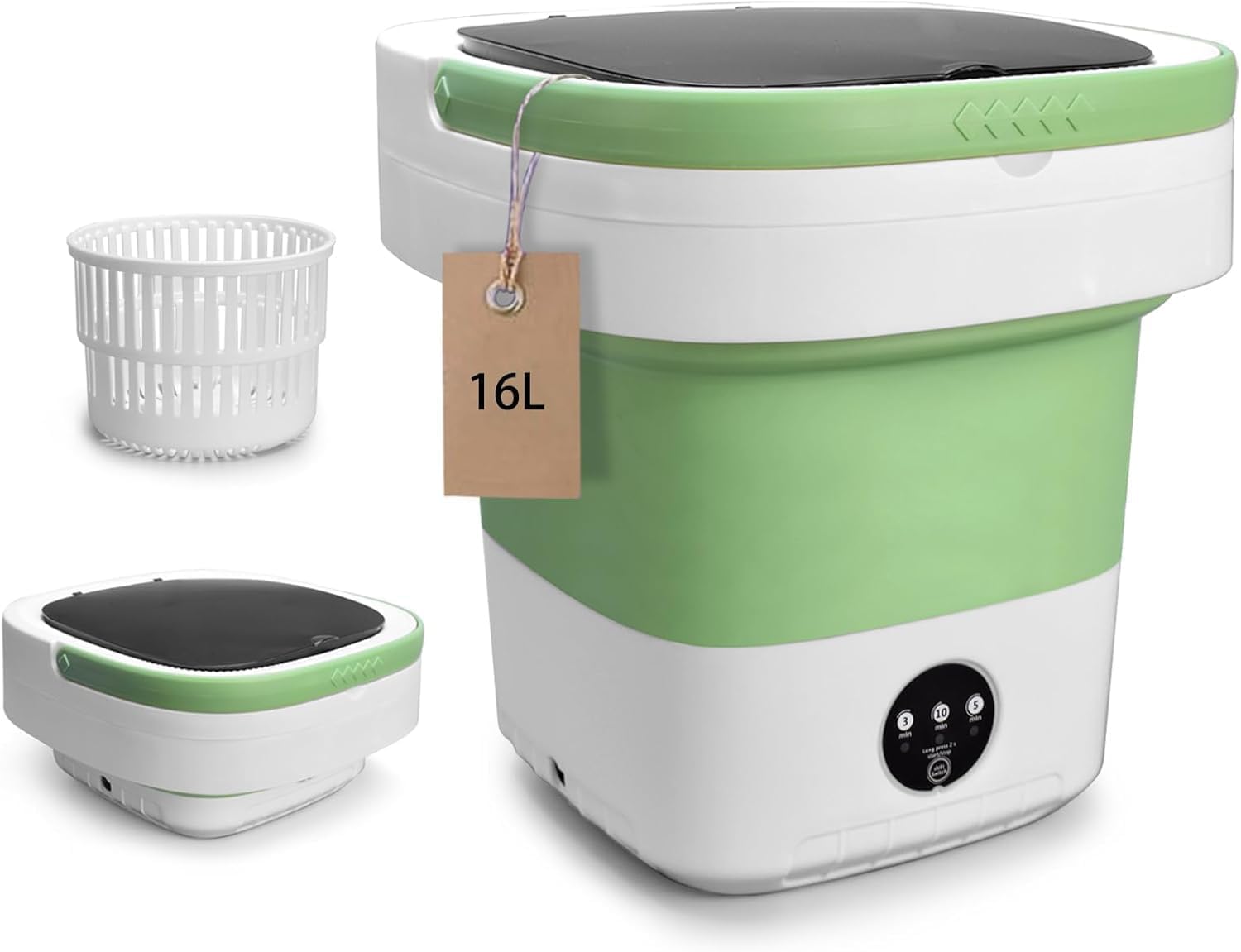 16L Foldable Portable Washing Machine - 3-Mode Compact Laundry Washer for Apartments, Hotels, Travel, Dorm - Lightweight Collapsible Design (Green)
