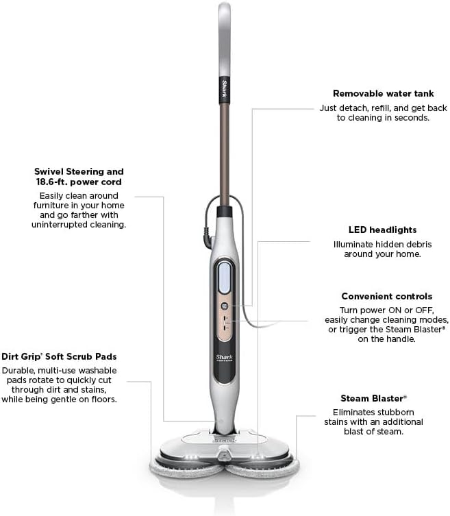 Shark S8201 Steam & Scrub Hard Floor Steam Mop with Steam Blaster Technology, 3 Steam Modes, LED Headlights - Rotator White