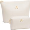 Personalized Initial Makeup Bag - Premium Waterproof PU Leather Cosmetic Travel Toiletry Bag with Custom Metal Monogram - Perfect Bridesmaid Birthday Gift (Beige)