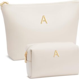 Personalized Initial Makeup Bag - Premium Waterproof PU Leather Cosmetic Travel Toiletry Bag with Custom Metal Monogram - Perfect Bridesmaid Birthday Gift (Beige)