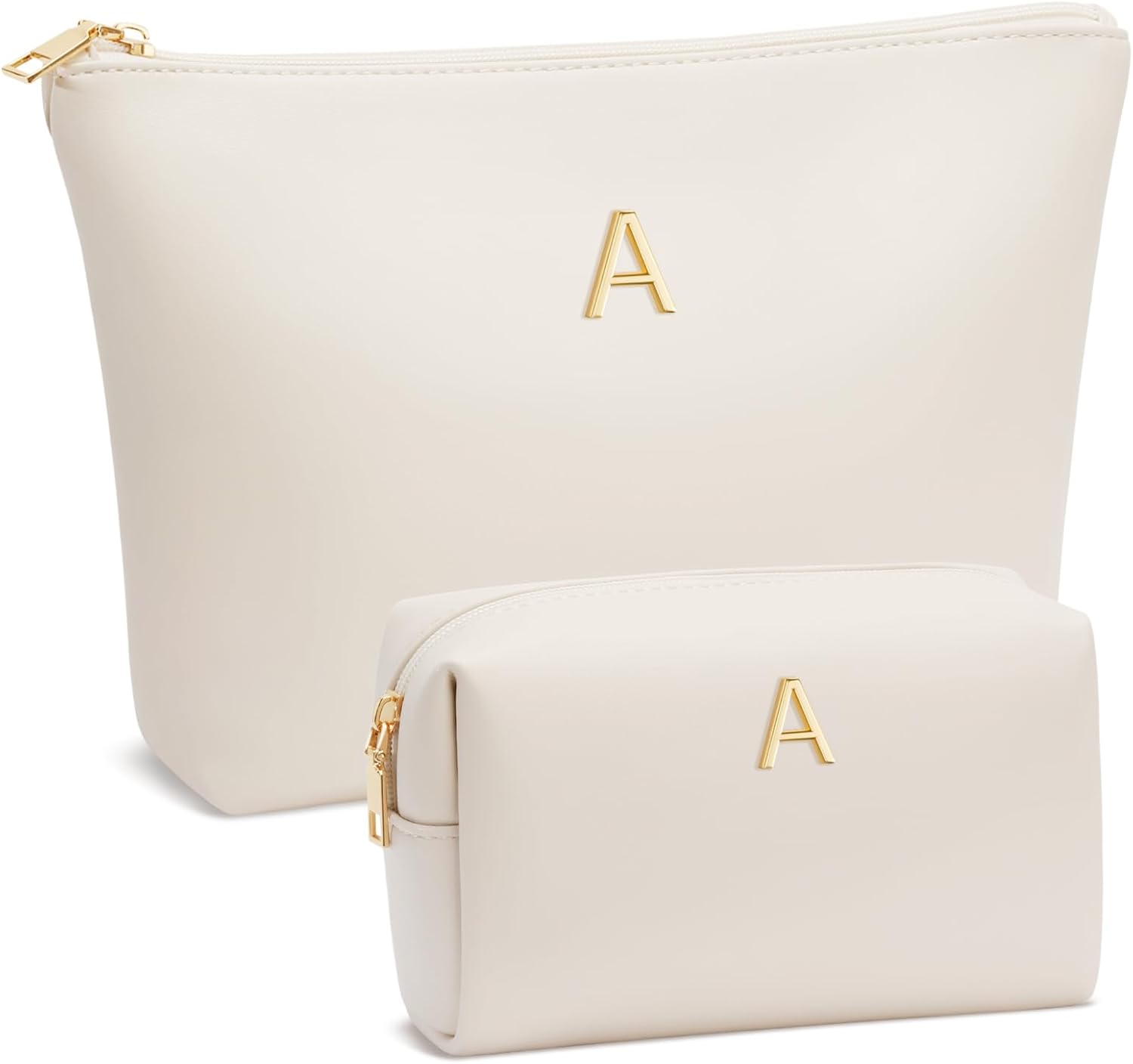 Personalized Initial Makeup Bag - Premium Waterproof PU Leather Cosmetic Travel Toiletry Bag with Custom Metal Monogram - Perfect Bridesmaid Birthday Gift (Beige)