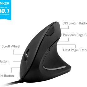 Anker Vertical Ergonomic Mouse - Wired USB Computer Mouse with Natural Handshake Position, 5 Buttons, 1000/1600 DPI Optical Sensor, for PC, Laptop & Mac - Black