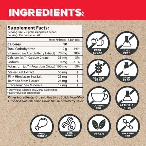 Superieur Plant-Based Electrolyte Powder – Strawberry Lemon | 70 Servings | Sea Minerals, Zero Sugar, Keto-Friendly, Vegan Sports Drink for Hydration & Recovery