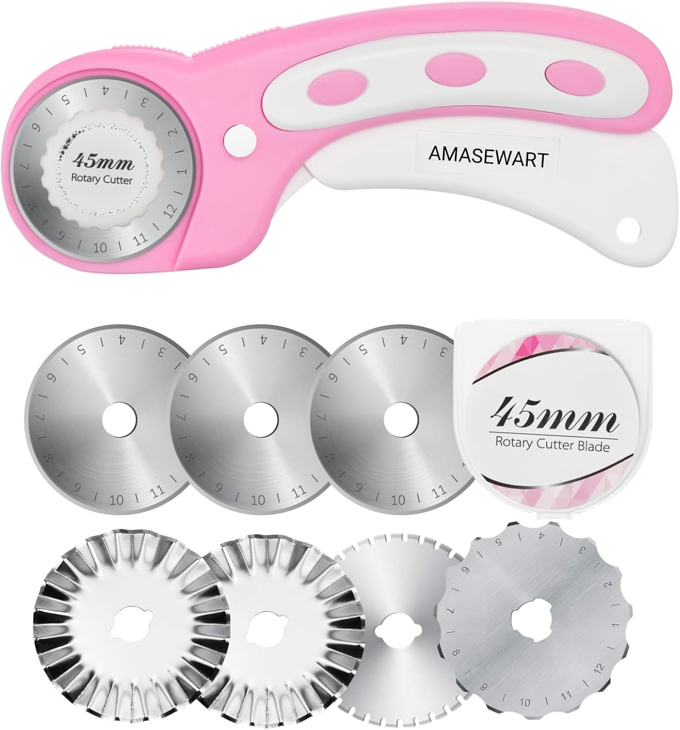 Premium 45mm Rotary Cutter Set for Fabric - 8PCS Quilting Blades with Straight, Crochet Edge & Pinking Blades for Sewing Crafts