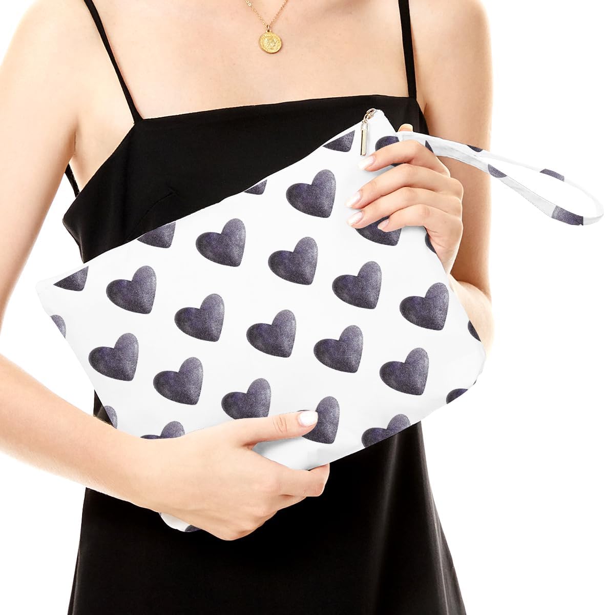 Fokongna Heart Print Waterproof Wet Bag - Large Travel Cosmetic Toiletry Pouch for Women, Girls & Moms (Black Boho Heart)