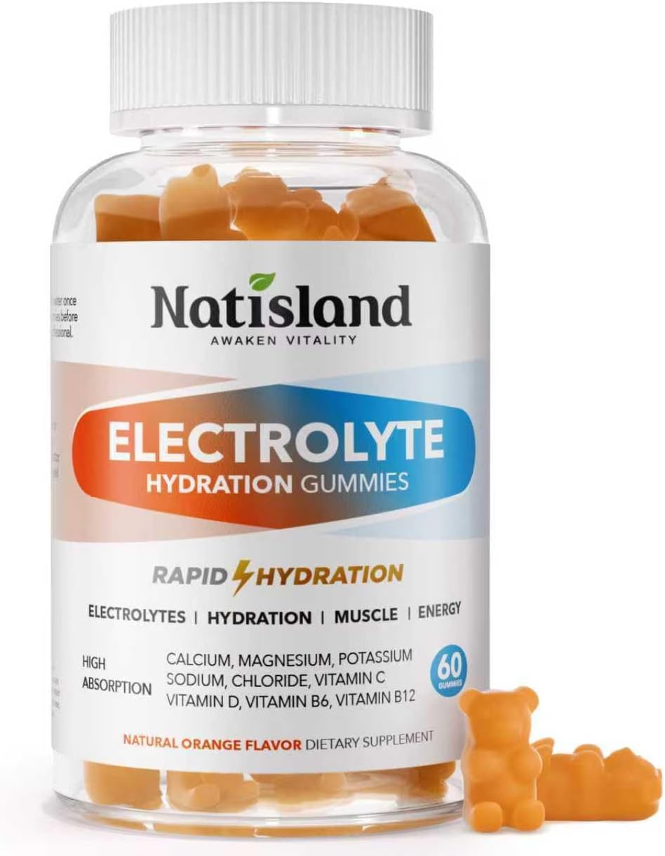 NATISLAND Electrolyte Gummies - 60 Chews | Potassium, Magnesium, Calcium, Sodium | Orange Flavor for Runners, Athletes, Kids & Adults - Vegan & Gluten-Free Hydration Supplement
