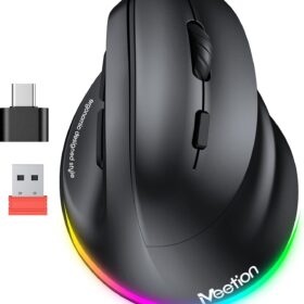 MEETION Ergonomic Vertical Wireless Mouse - RGB Backlit Rechargeable Bluetooth Mouse with USB-C Adapter, 4 Adjustable DPI for Mac/Windows/Android/PC/Tablet, Black