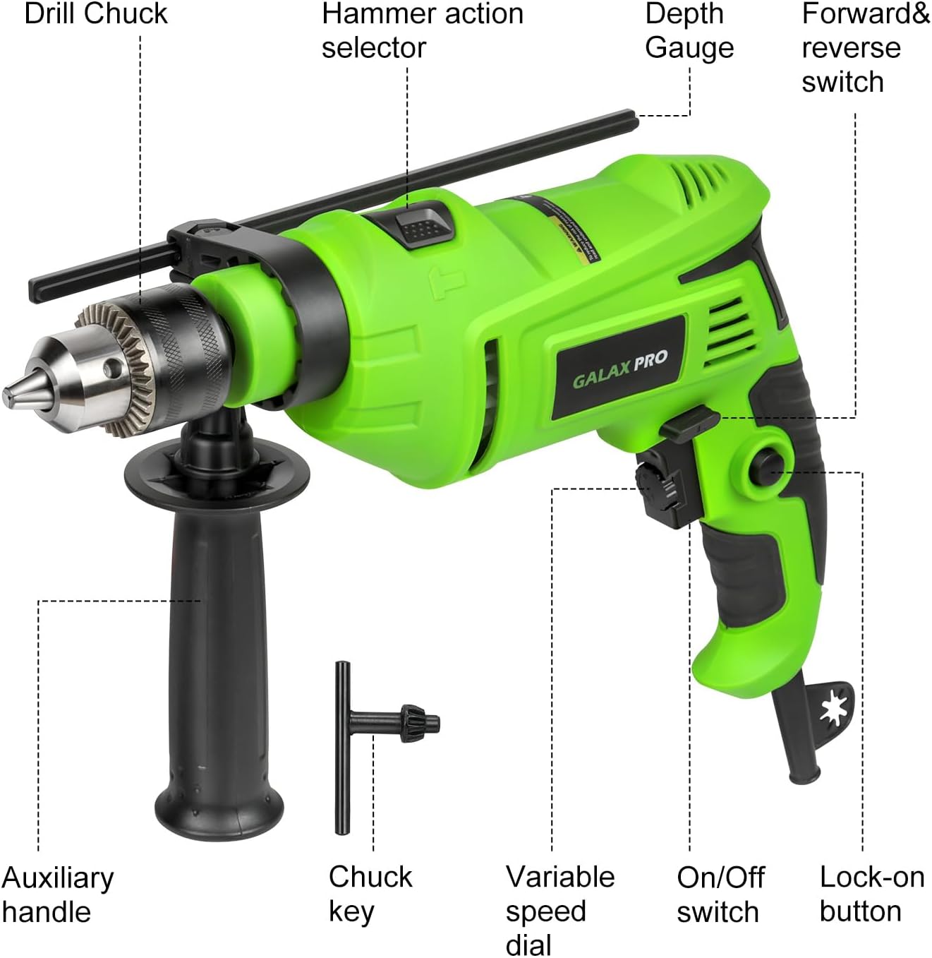 GALAX PRO 7A 850W 2-in-1 Hammer Drill - Variable Speed 0-3000 RPM, 13mm Metal Chuck, 360° Auxiliary Handle, 13 Pc Bit Set for Concrete, Metal & Wood