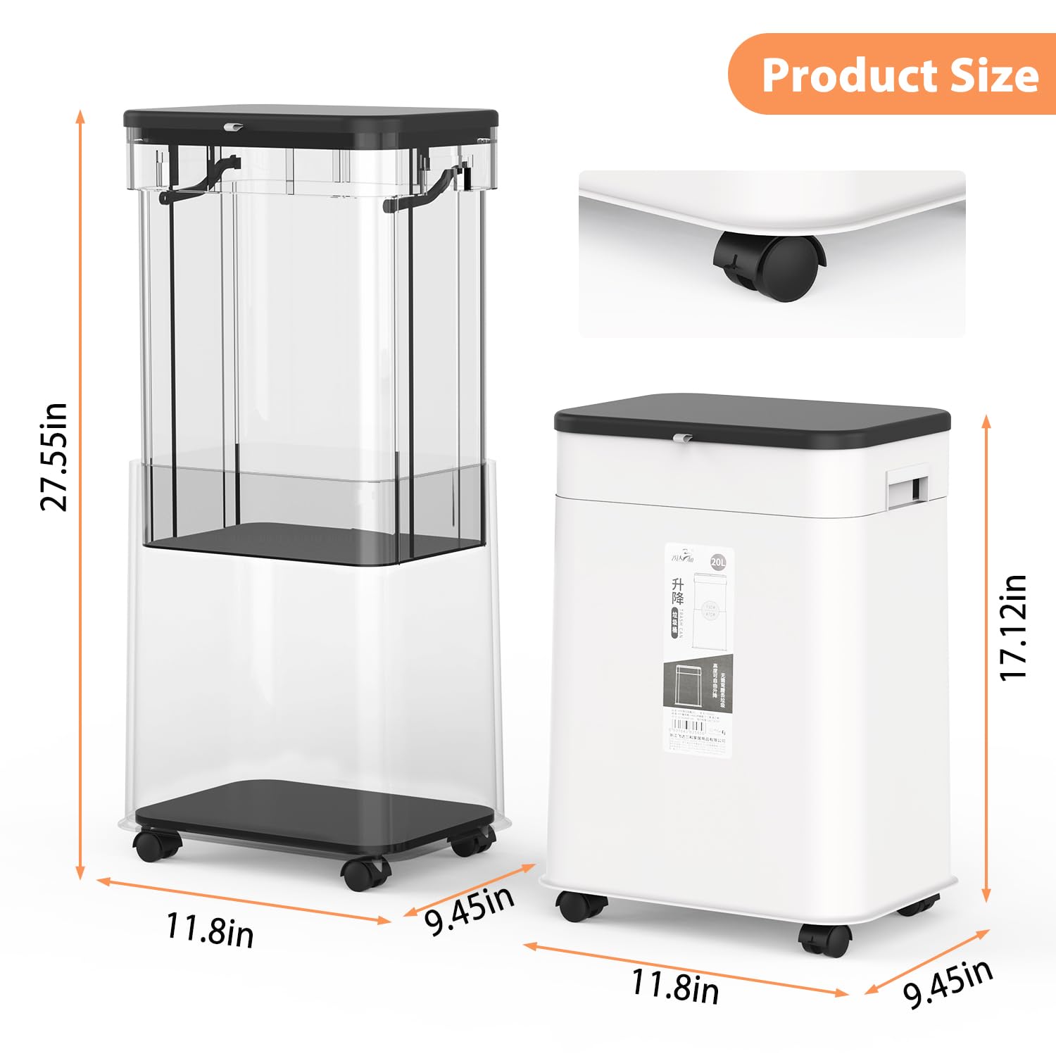 Slim Rolling Kitchen Trash Can with Lid - 20L/5.3Gal Adjustable Height Mobile Garbage Bin with Wheels for Bathroom, Bedroom, Living Room & Office - White