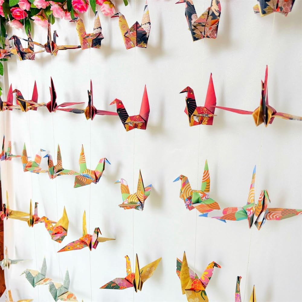 Japanese Washi Paper Crane Hanging Garland - 5.3ft 4-Strings Handmade Origami Birds for Wedding Baby Shower Birthday Party Decorations