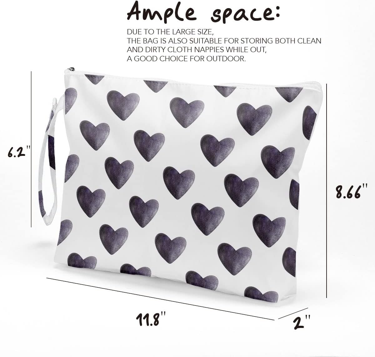 Fokongna Heart Print Waterproof Wet Bag - Large Travel Cosmetic Toiletry Pouch for Women, Girls & Moms (Black Boho Heart)