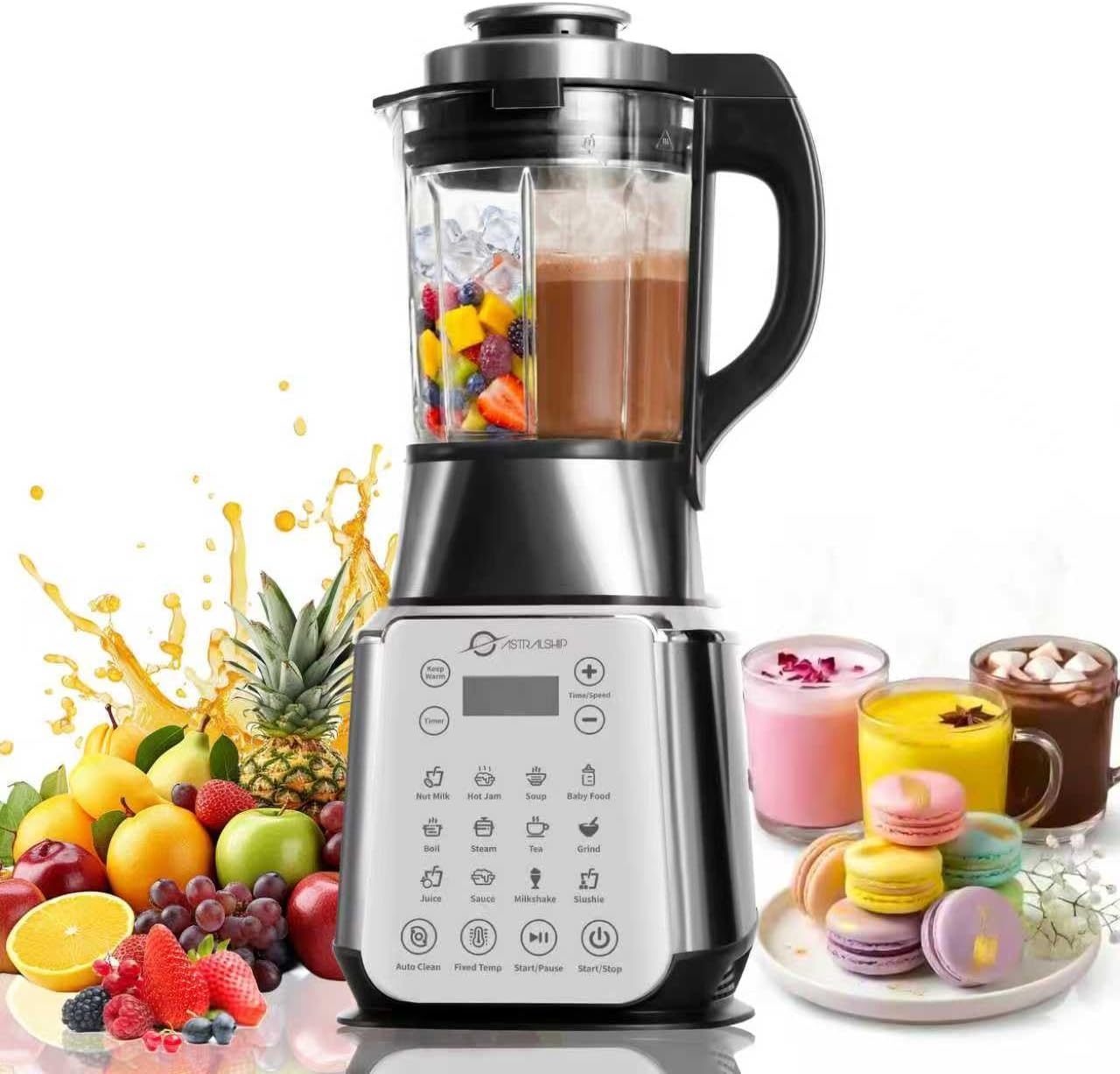 Professional Stainless Steel Blender 1500W – Glass Jar with Heating Function, 14 Preset Programs, 9 Speeds for Smoothies, Soups & Nut Milk