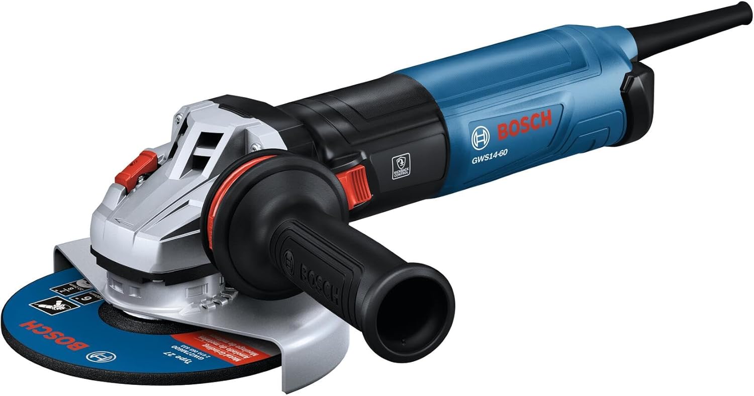 BOSCH GWS14-60 6-Inch Angle Grinder - 13-Amp Motor, 9,700 RPM, Slide Switch, KickBack Control & Anti-Vibration Handle for Metal & Concrete