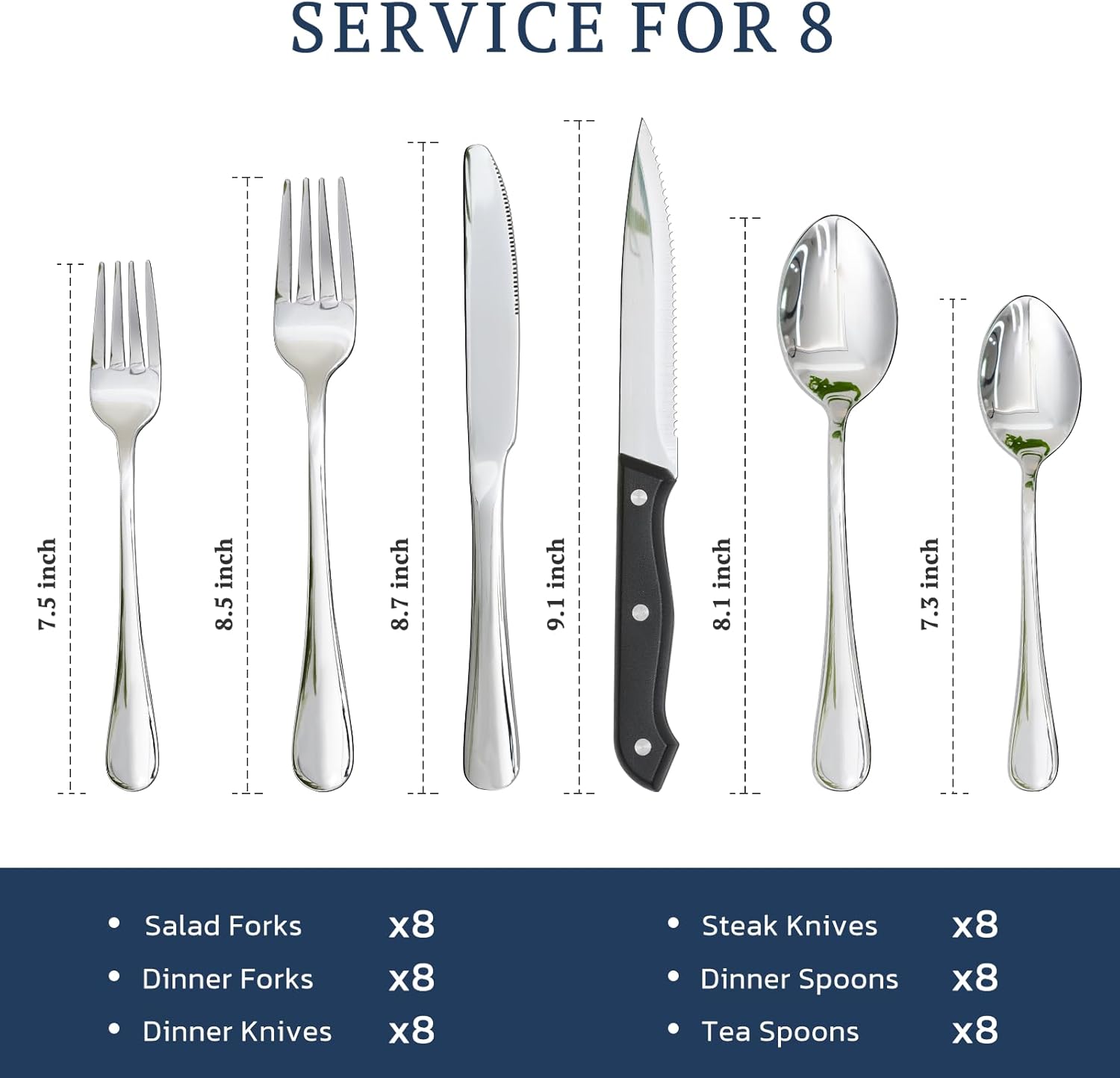 Astercook 48-Piece Stainless Steel Flatware Set with Steak Knives - Food-Grade Mirror Polished Cutlery for 8, Silverware Utensils for Home Kitchen Restaurant