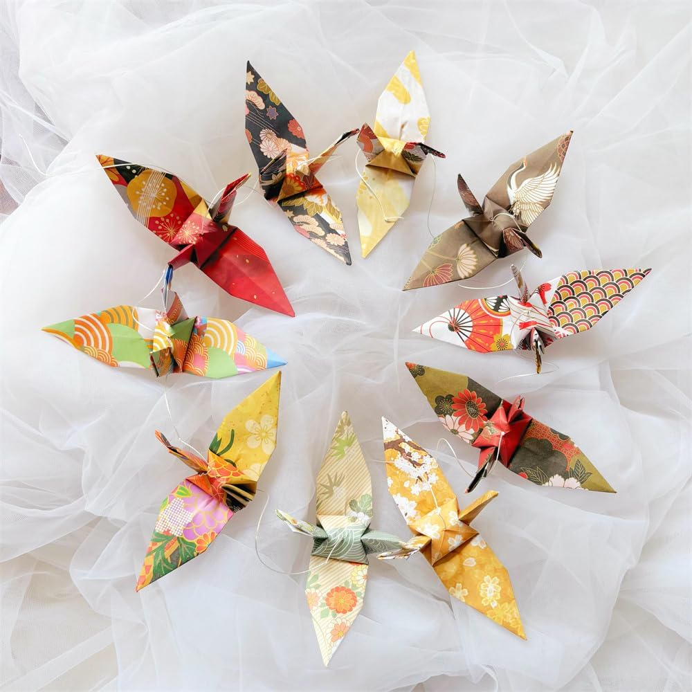 Japanese Washi Paper Crane Hanging Garland - 5.3ft 4-Strings Handmade Origami Birds for Wedding Baby Shower Birthday Party Decorations