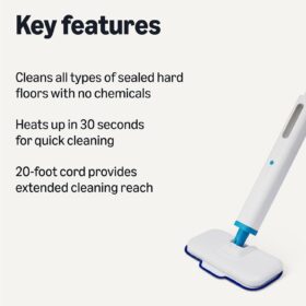 Amazon Basics Hard Floor Steam Mop – 20 ft Cord, 3 Washable Microfiber Pads, Chemical-Free Steam Cleaning for Tile, Laminate & Hardwood