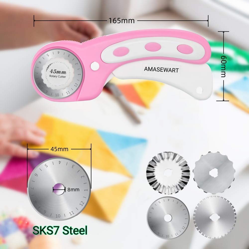 Premium 45mm Rotary Cutter Set for Fabric - 8PCS Quilting Blades with Straight, Crochet Edge & Pinking Blades for Sewing Crafts