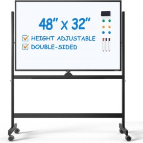 TSJ OFFICE 48x32" Height Adjustable Rolling Whiteboard - Magnetic Double-Sided Dry Erase Mobile Easel with Stand & Wheels, Includes Markers, Magnets & Eraser for Classroom, Office & Home