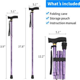 LIXIANG Adjustable Folding Walking Cane - Lightweight Collapsible T-Handle Walking Stick with Wrist Strap & Non-Slip Base (32.5"-36.5", 330lb Capacity)