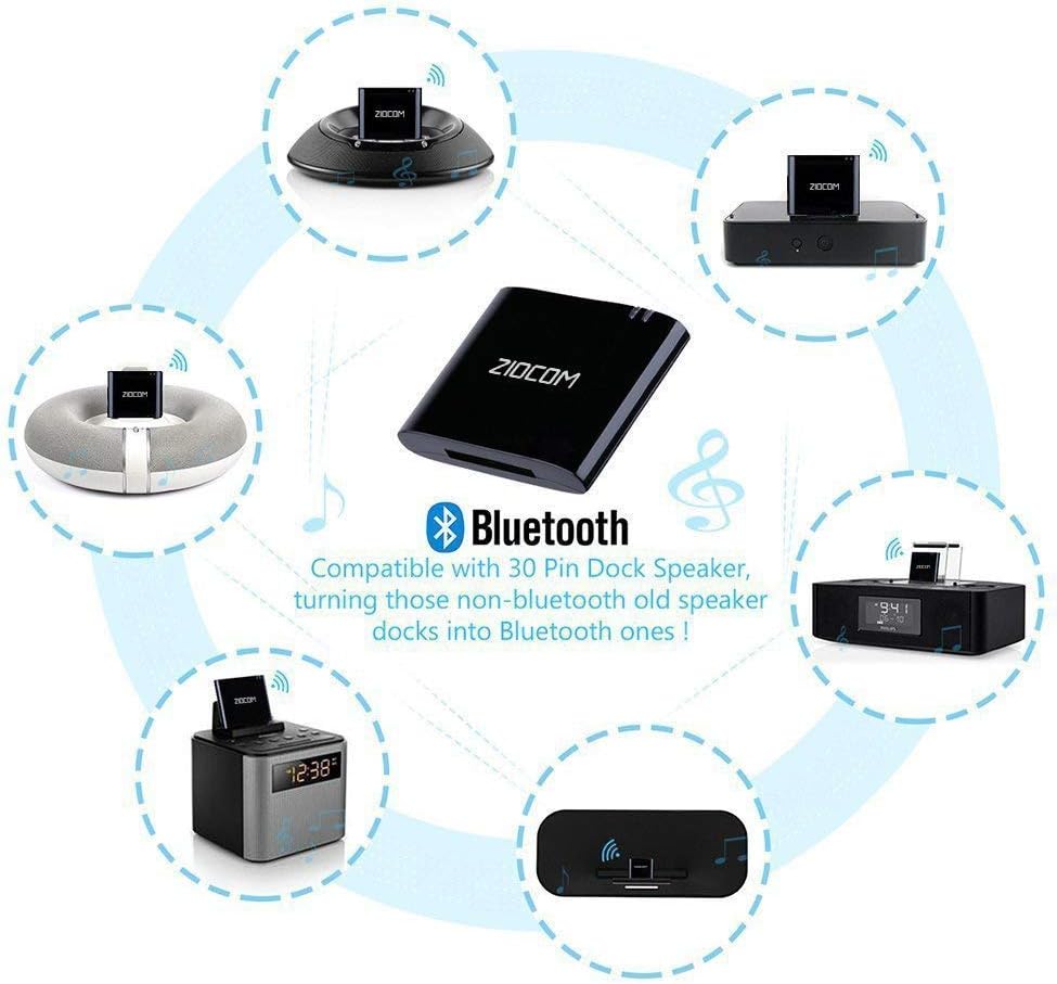 ZIOCOM 30-Pin Bluetooth Audio Receiver Adapter - Upgrade Old Bose SoundDock & 30-Pin Dock Speakers to Wireless Streaming