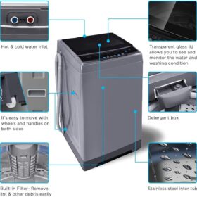 COMFEE' 1.6 Cu.ft Portable Washing Machine - Compact Fully Automatic Washer with Wheels, 6 Programs, 11lb Capacity, Drain Pump, for Apartments RV Camping - Magnetic Gray