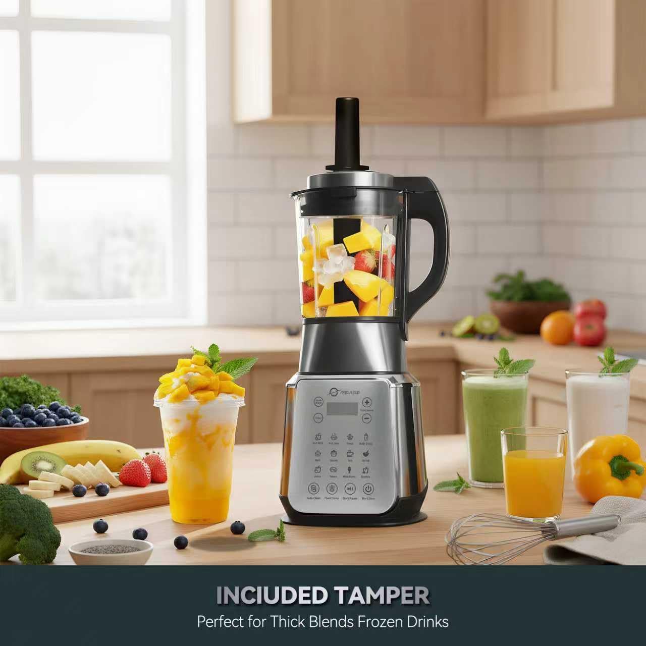 Professional Stainless Steel Blender 1500W – Glass Jar with Heating Function, 14 Preset Programs, 9 Speeds for Smoothies, Soups & Nut Milk