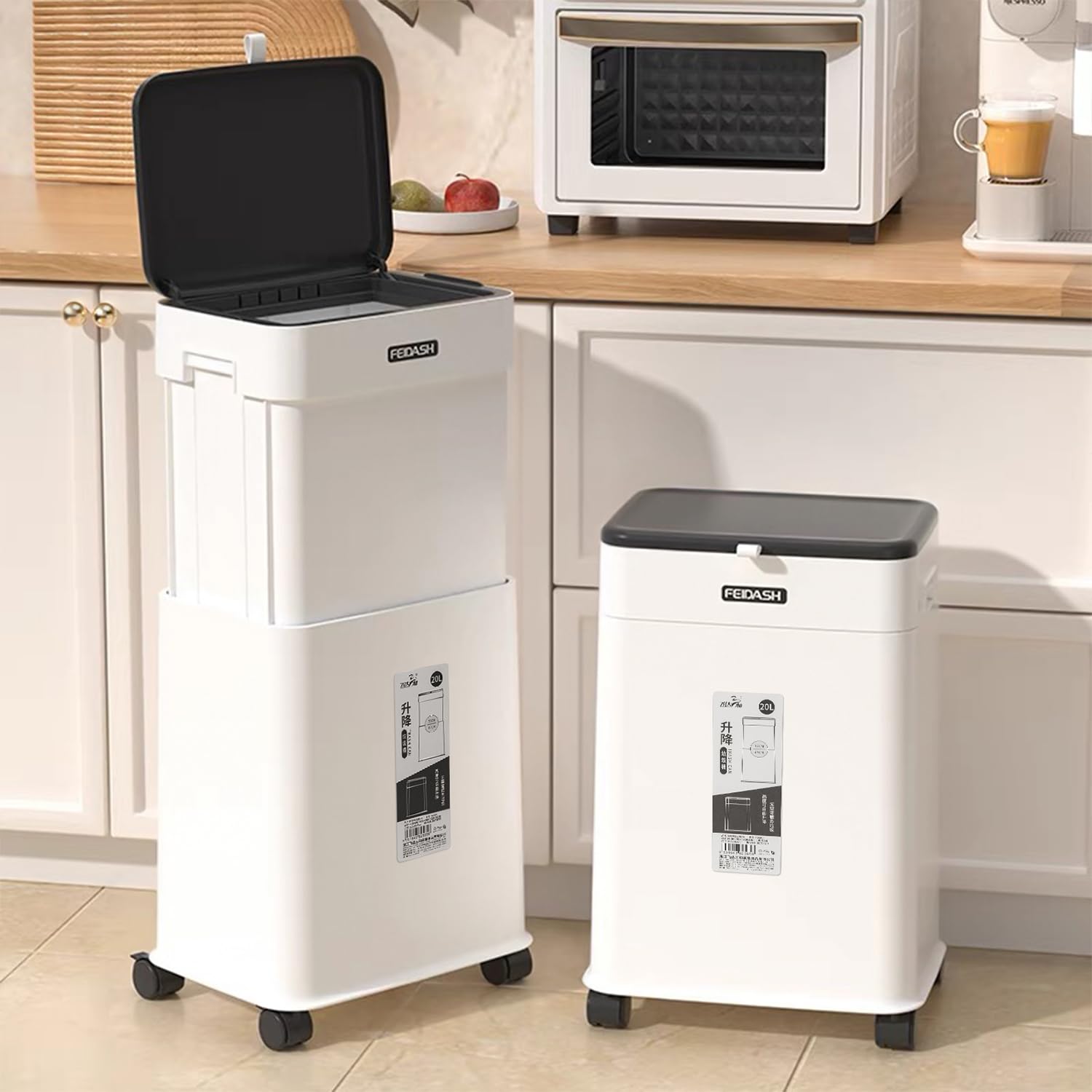 Slim Rolling Kitchen Trash Can with Lid - 20L/5.3Gal Adjustable Height Mobile Garbage Bin with Wheels for Bathroom, Bedroom, Living Room & Office - White
