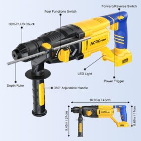 ACROPOW SDS-Plus Cordless Rotary Hammer Drill - 20V Max Brushless Impact Hammer with Safety Clutch, 4-Mode Function, LED Light & Vibration Control (Bare Tool, No Battery)