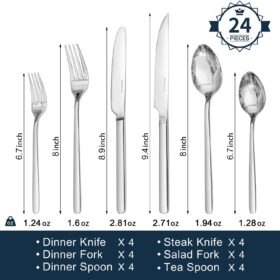 KINGSTONE 24-Piece Stainless Steel Flatware Set with Steak Knives - Mirror Finish Modern Tableware Set for 4, Ideal for Home & Restaurant Use