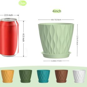4 Inch Plant Pots with Drainage Holes - 6 Pack Modern Indoor Flower Planters with Saucers for Succulents, Herbs, and Orchids (Colorful)