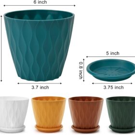 6 Inch Plant Pots with Saucers - 5 Pack Thick Plastic Flower Planters for Indoor & Outdoor, Modern Matte Multi-Color Set with Drainage Holes
