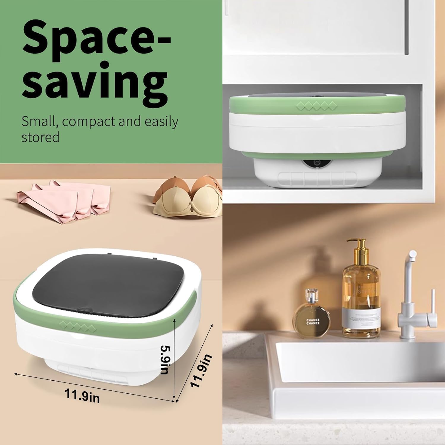 16L Foldable Portable Washing Machine - 3-Mode Compact Laundry Washer for Apartments, Hotels, Travel, Dorm - Lightweight Collapsible Design (Green)
