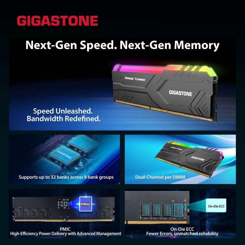 GIGASTONE Game Turbo 32GB DDR5 6400MHz RGB Gaming Memory Kit (2x16GB) - Intel XMP 3.0 AMD Expo Compatible Desktop RAM