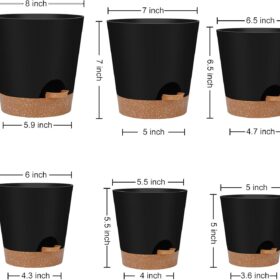 Self Watering Planters Indoor with Saucers – 6-Piece Modern Plastic Flower Pot Set (8, 7, 6.5, 6, 5.5, 5 Inch), Matte Black Pots with Drainage Holes for Home, Office, & Garden