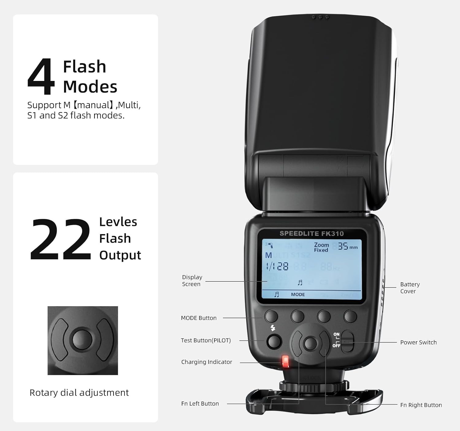 PHOTOOLEX FK310 LCD Camera Flash Speedlite - Professional Shoe Mount Flash for Canon Nikon Sony Panasonic Olympus Fujifilm Pentax Sigma Minolta Leica