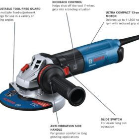BOSCH GWS14-60 6-Inch Angle Grinder - 13-Amp Motor, 9,700 RPM, Slide Switch, KickBack Control & Anti-Vibration Handle for Metal & Concrete
