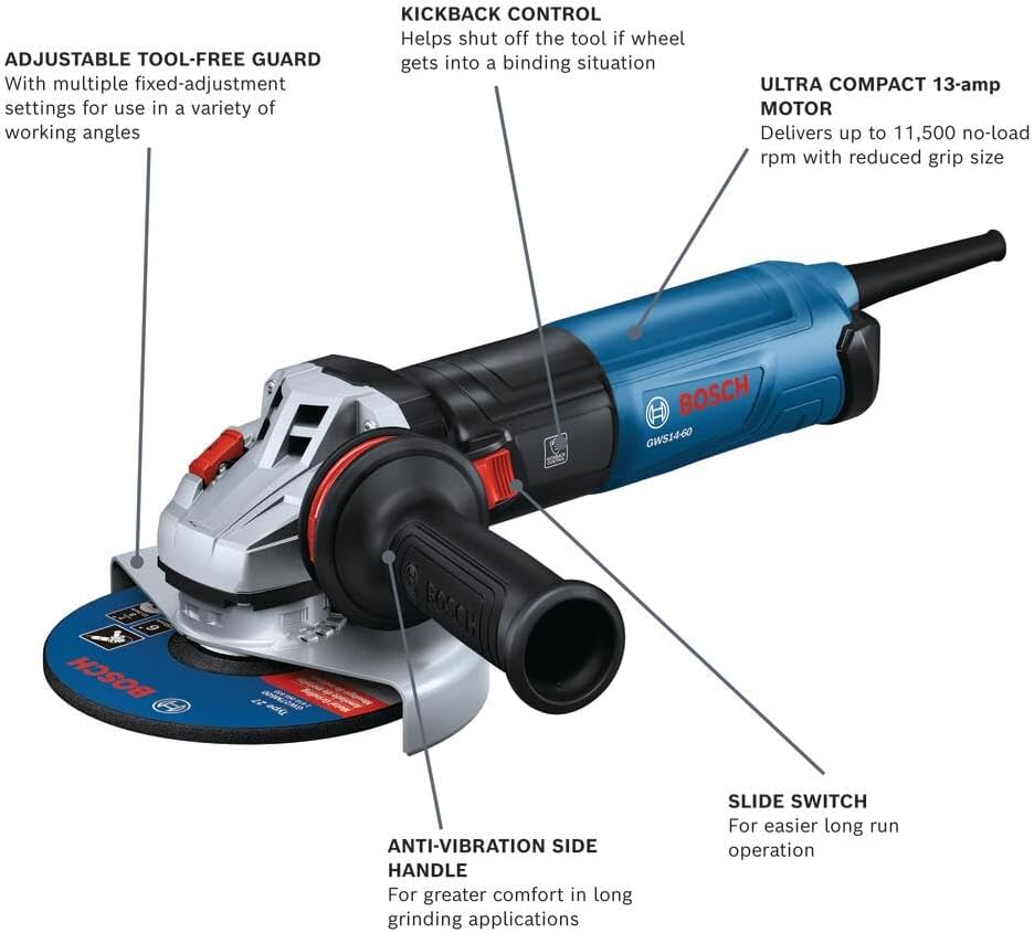 BOSCH GWS14-60 6-Inch Angle Grinder - 13-Amp Motor, 9,700 RPM, Slide Switch, KickBack Control & Anti-Vibration Handle for Metal & Concrete