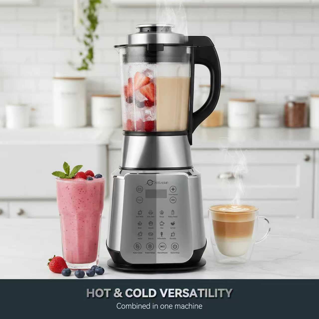 Professional Stainless Steel Blender 1500W – Glass Jar with Heating Function, 14 Preset Programs, 9 Speeds for Smoothies, Soups & Nut Milk