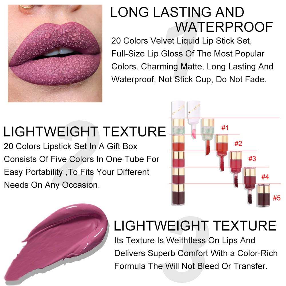 EVPCT 20 Colors Liquid Matte Lipstick Set - Long Lasting Waterproof Velvet Lip Stain for Women, 24 Hour Wear Gift Set
