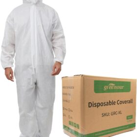 Greenour Disposable Hazmat Suit Coveralls with Hood - 12 Pack Breathable Protective Coverall for Painters, Contractors, Industrial Work (Medium to 3X-Large)