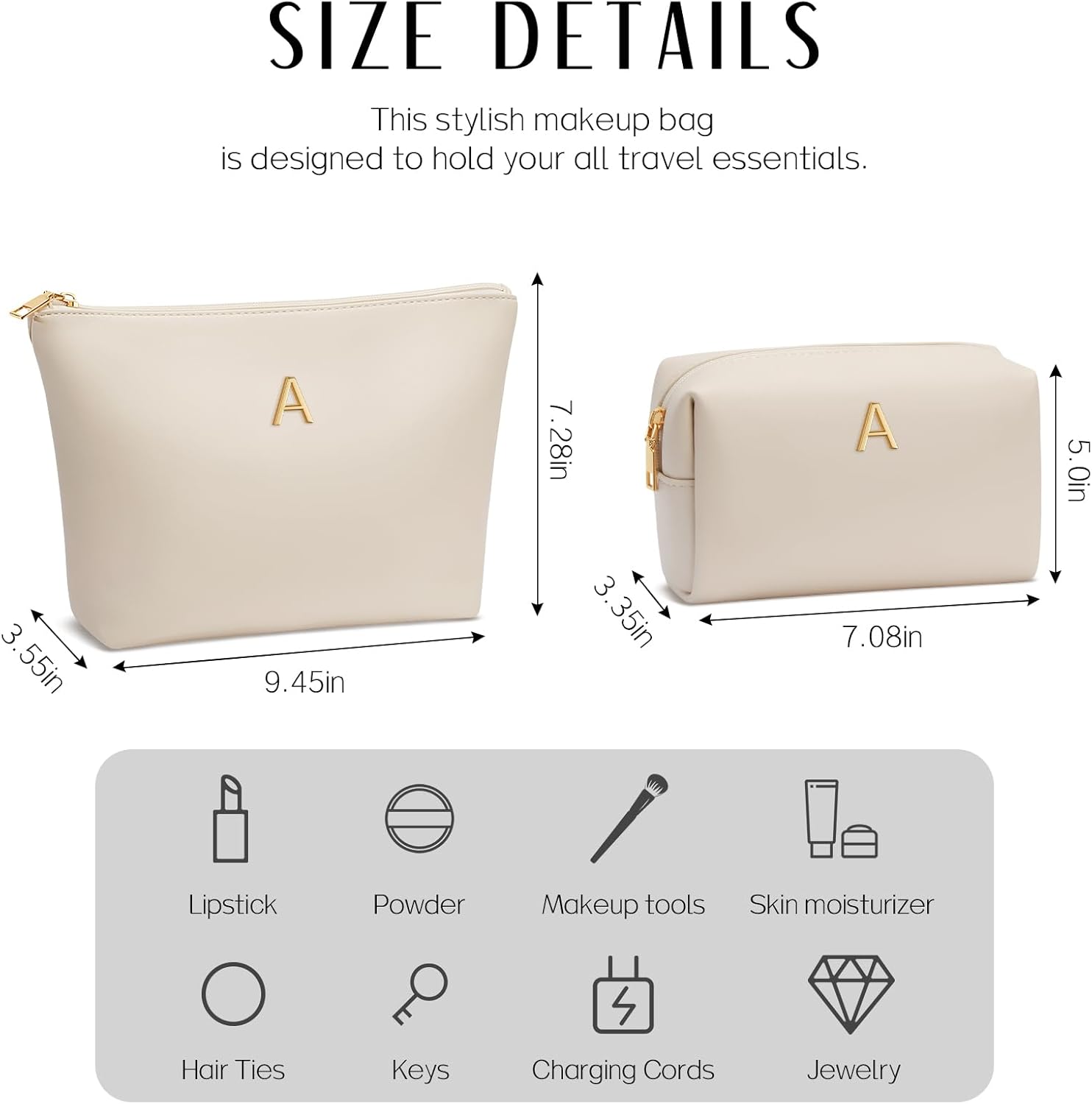 Personalized Initial Makeup Bag - Premium Waterproof PU Leather Cosmetic Travel Toiletry Bag with Custom Metal Monogram - Perfect Bridesmaid Birthday Gift (Beige)