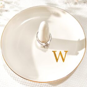 Personalized Ceramic Ring Dish - Elegant Gold Trim Monogram Jewelry Tray for Engagement Wedding Birthday Gifts, White 4.7" x 2.4"
