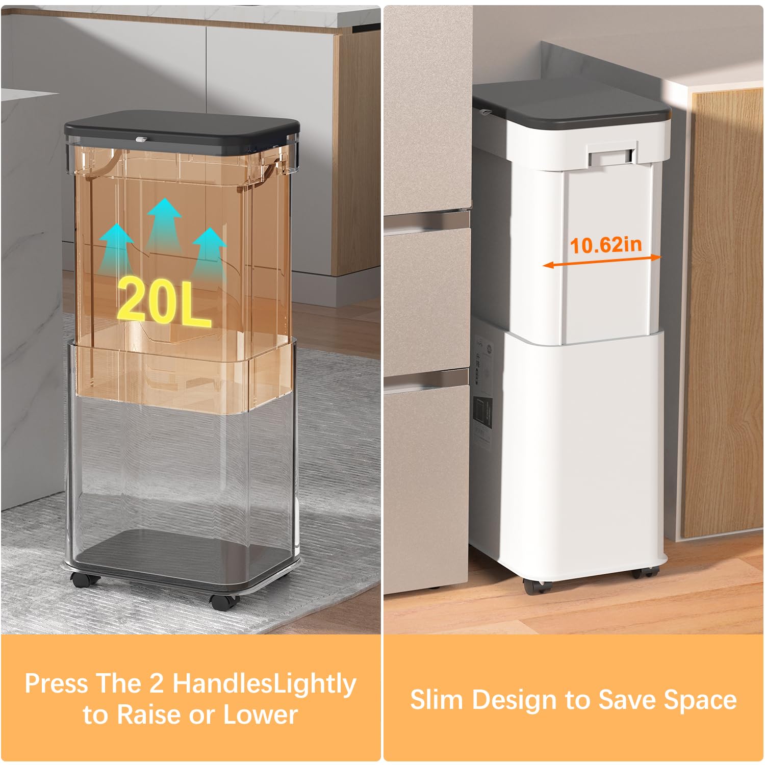 Slim Rolling Kitchen Trash Can with Lid - 20L/5.3Gal Adjustable Height Mobile Garbage Bin with Wheels for Bathroom, Bedroom, Living Room & Office - White