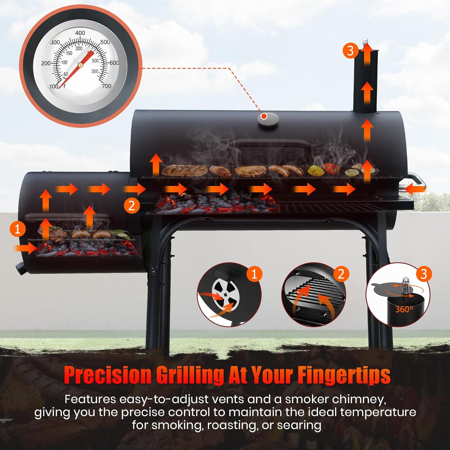 Premium Charcoal Grill Offset Smoker Combo - 512 Sq.In. Barrel BBQ with Dual Chambers for Perfect Grilling and Smoking