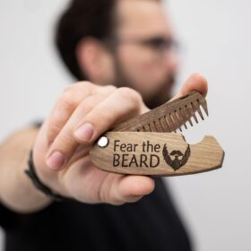 Premium Walnut Folding Beard Comb - Handcrafted Wooden Pocket Comb for Men with 'Fear The Beard' Engraving, Ideal Grooming Gift for Husband