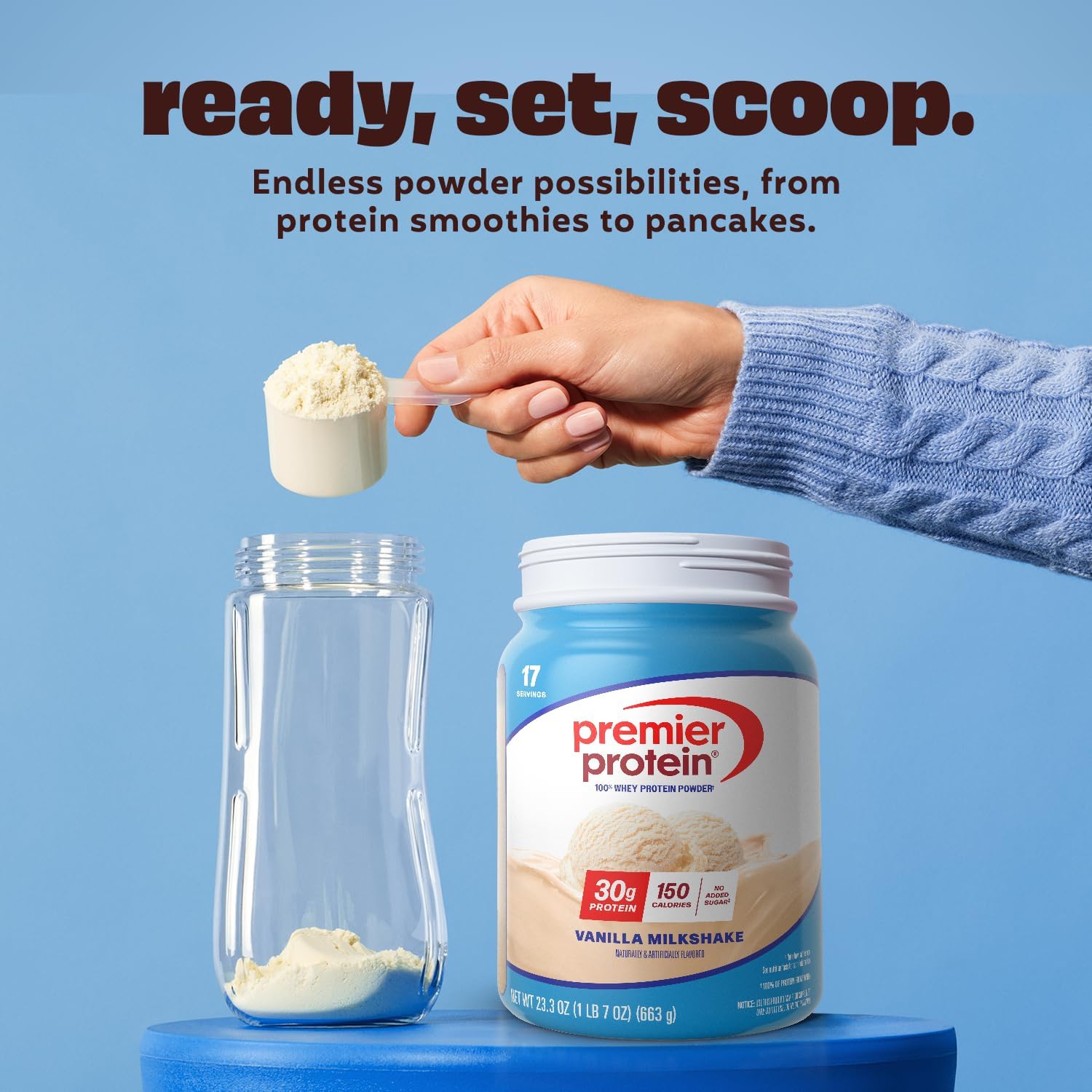 Premier Protein Powder - Vanilla Milkshake Flavor | 30g Whey Protein, 1g Sugar, Keto Friendly, Gluten Free, 23.3 oz (17 Servings)