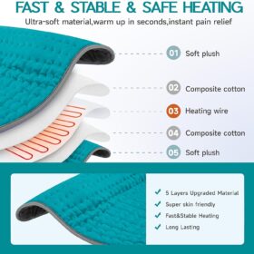 Vilicert Electric Heating Pad for Back Pain, Period Cramps & Muscle Relief - 20x24-Inch, 6 Heat Settings, 4 Timer Options, Auto-Off, Machine Washable - Perfect Gift for Women (Cyan)